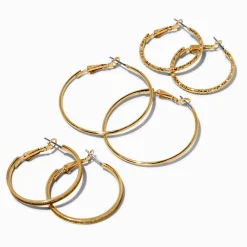 Gold-tone Graduated Textured Hoop Earrings - 3 Pack