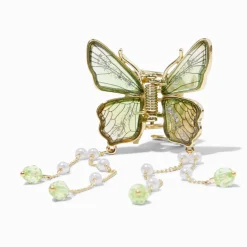 Gold-tone Green Butterfly Beaded Dangle Hair Claw