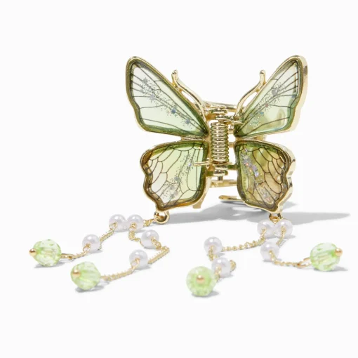Gold-tone Green Butterfly Beaded Dangle Hair Claw