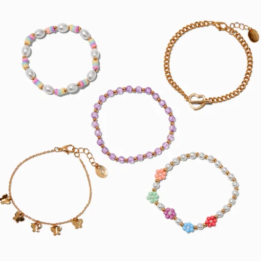 Gold-tone Heart Chain Seed Bead Bracelet Set - 5 Pack