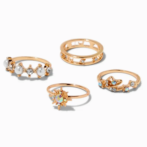 Gold-tone Iridescent Celestial Ring Set - 4 Pack