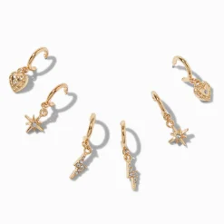 Gold-tone Lightning Bolt, Heart, Starburst Earring Stackables Set - 3 Pack