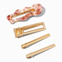 Gold-tone Metallic Wave Rectangular Hair Clips - 4 Pack