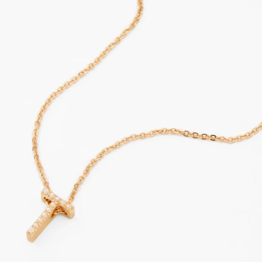 Gold-tone Mini Pearl Initial Pendant Necklace - T