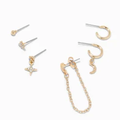 Gold-tone Mixed Crescent Moon One Earring Stackables Set - 6 Pack