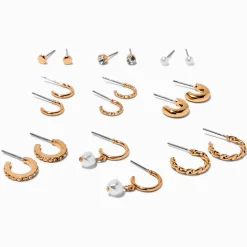 Gold-tone Mixed Textured Hoop & Stud Earrings - 9 Pack