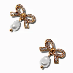 Gold-tone Pavé Bow & Pearl Drop Earrings