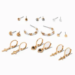 Gold-tone Pearl & Crosses Stackables Earring Set - 9 Pack