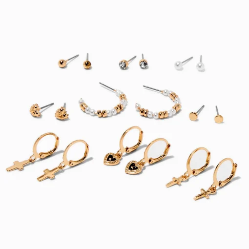 Gold-tone Pearl & Crosses Stackables Earring Set - 9 Pack