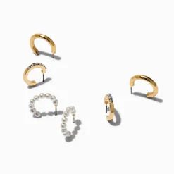Gold-tone Pearl & Crystal Hoop Earring Stackables - 3 Pack