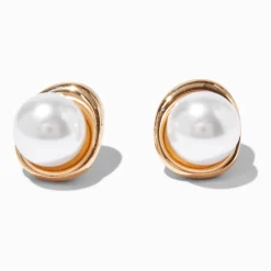 Gold-tone Pearl Compass Stud Earrings