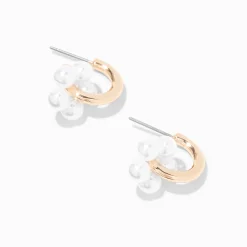 Gold-tone Pearl Flower 30mm Hoop Earrings