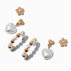 Gold-tone Pearl Hearts Earring Stackables Set - 3 Pack