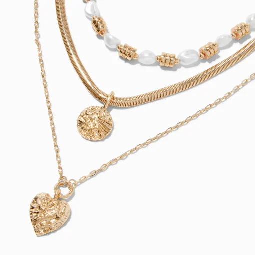 Gold-tone Pearl Textured Pendant Multi-Strand Necklace
