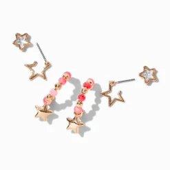 Gold-tone Pink Beaded Star Earring Stackables Set - 3 Pack