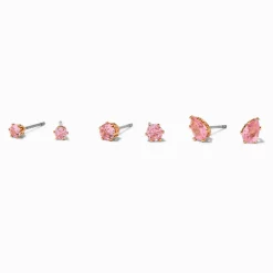 Gold-tone Pink Cubic Zirconia Round & Teardrop Stud Earrings - 3 Pack