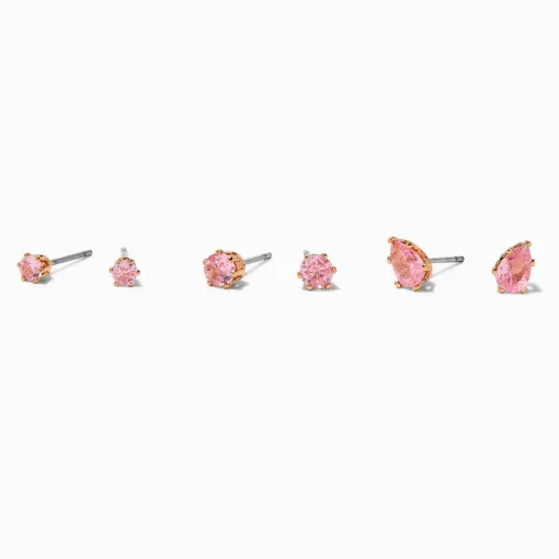 Gold-tone Pink Cubic Zirconia Round & Teardrop Stud Earrings - 3 Pack