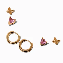 Gold-tone Pink Heart Cubic Zirconia Butterfly Earring Stackables Set - 3 Pack