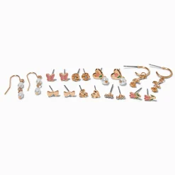 Gold-tone Pretty Rose Drops & Studs Earrings Set - 9 Pack