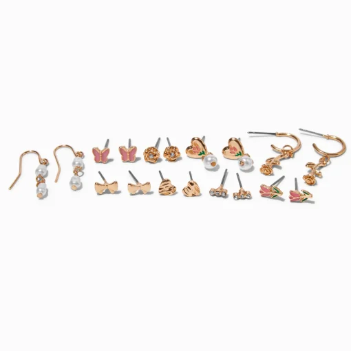 Gold-tone Pretty Rose Drops & Studs Earrings Set - 9 Pack