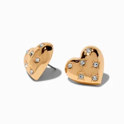Gold-tone Puffy Heart Crystal Stud Earrings