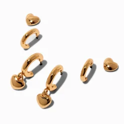 Gold-tone Puffy Heart Earring Stackables Set - 3 Pack