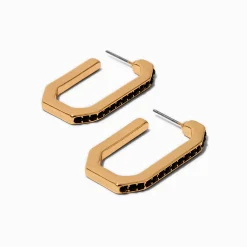 Gold-tone Rectangle Black Crystal Hoop Earrings