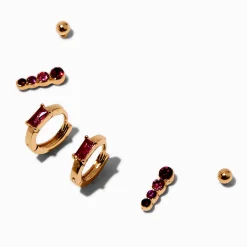 Gold-tone Red Cubic Zirconia Earring Stackables Set - 3 Pack
