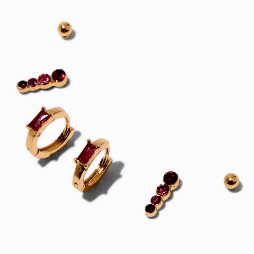 Gold-tone Red Cubic Zirconia Earring Stackables Set - 3 Pack