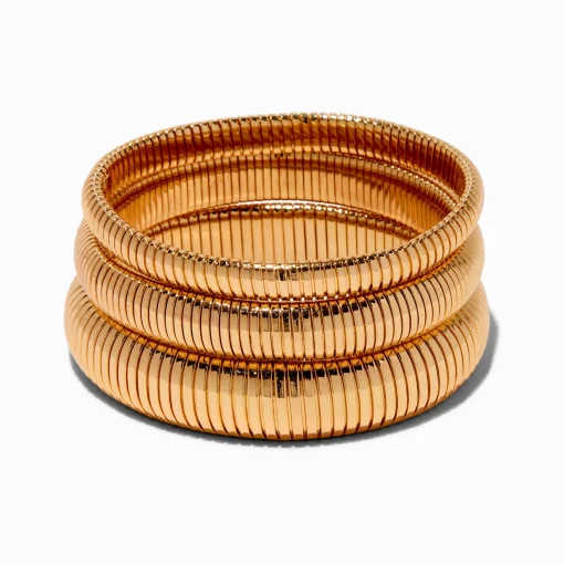 Gold-tone Ribbed Stackable Bangle Bracelets - 3 Pack