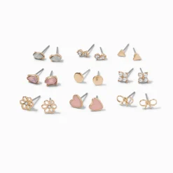 Gold-tone Romantic Pink Stud Earrings Set - 9 Pack
