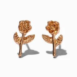 Gold-tone Rose Stem Stud Earrings