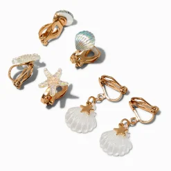 Gold-tone Sea Life Clip-On Stud Earrings - 3 Pack