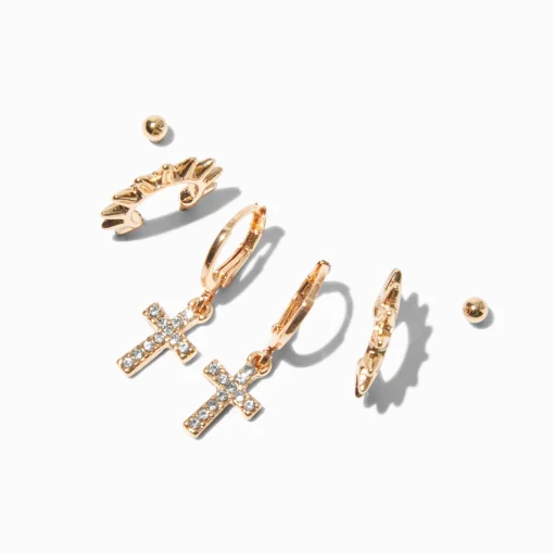 Gold-tone Spikey Cross Earring Stackables Set - 3 Pack