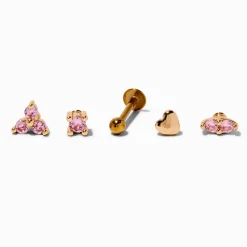 Gold-tone Stainless Steel Cubic Zirconia Changeable 18G Cartilage Pink Flat Back Earrings - 5 Pack