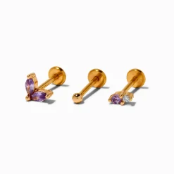 Gold-tone Stainless Steel Purple 18G Threadless Tragus Earring - 3 Pack