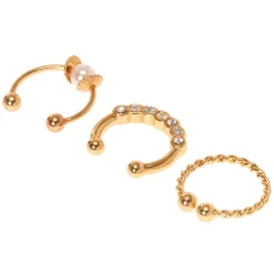 Gold-tone Stainless Steel Braided Crystal Faux Cartilage Earrings - 3 Pack