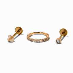 Gold-tone Stainless Steel Cubic Zirconia 18G Stud & Hoop Threadless Cartilage Earrings - 3 Pack