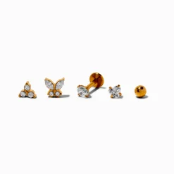 Gold-tone Stainless Steel Cubic Zirconia Butterfly Changeable 18G Tragus Flat Back Earrings - 5 Pack