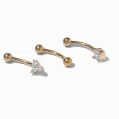 Gold-tone Stainless Steel Cubic Zirconia 16G Tri-Stud Rook Earrings - 3 Pack