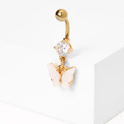 Gold-tone Stainless Steel Cubic Zirconia Butterfly Dangle 14G Belly Bar