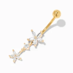Gold-tone Stainless Steel Cubic Zirconia Flower Dangle 14G Belly Bar