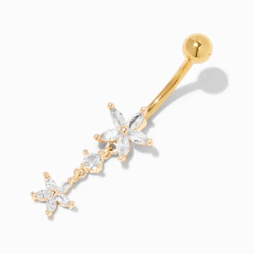 Gold-tone Stainless Steel Cubic Zirconia Flower Dangle 14G Belly Bar