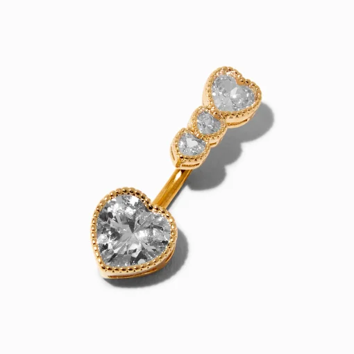 Gold-tone Stainless Steel Cubic Zirconia Heart 14G Belly Bar