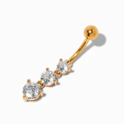 Gold-tone Stainless Steel Pink Crystal Dangle 14G Belly Bar