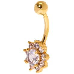 Gold-tone Stainless Steel Crystal Flower 14G Belly Bar