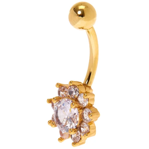 Gold-tone Stainless Steel Crystal Flower 14G Belly Bar