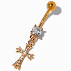 Gold-tone Stainless Steel Cubic Zirconia Gothic Cross 14G Belly Bar