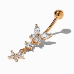 Gold-tone Stainless Steel Cubic Zirconia Butterfly & Flower Dangle 14G Belly Bar