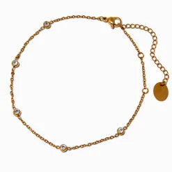 Gold-tone Stainless Steel Cubic Zirconia Stationed Chain Anklet